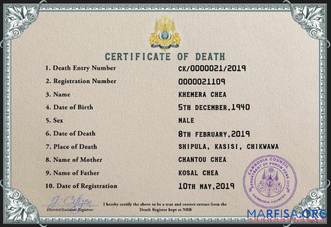Blank Cambodia vital record death certificate PSD template